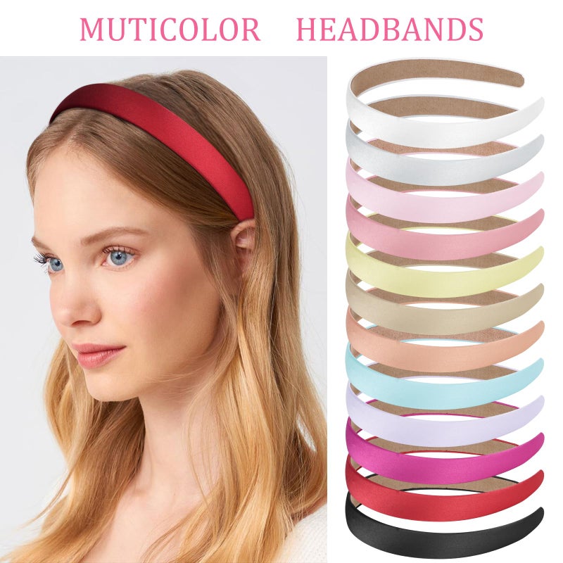 Amariver 12Pcs Satin Headband for Women 0.8inch Satin Headbands Thin Hard Head Bands DIY Plain Hair Band Fashion Hair Accessories for Women Girls - Image 3